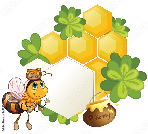 A bee beside an empty template with green plants