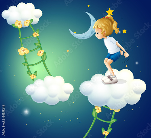 A girl above the clouds with a ladder plant