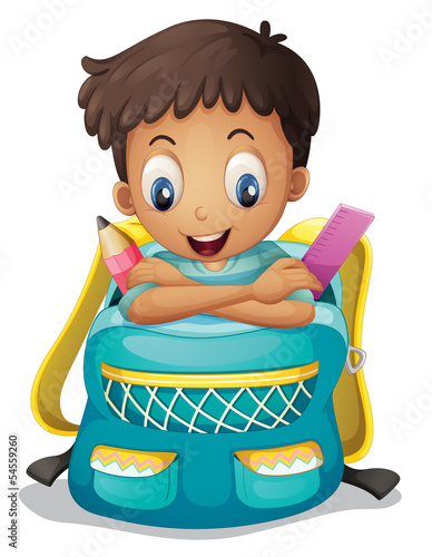 A boy inside a schoolbag