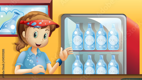A girl near a fridge with bottles of soda