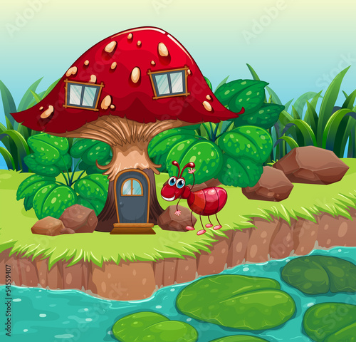 An ant near the red mushroom house