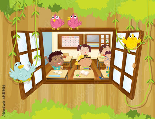 Students inside the classroom with birds at the window