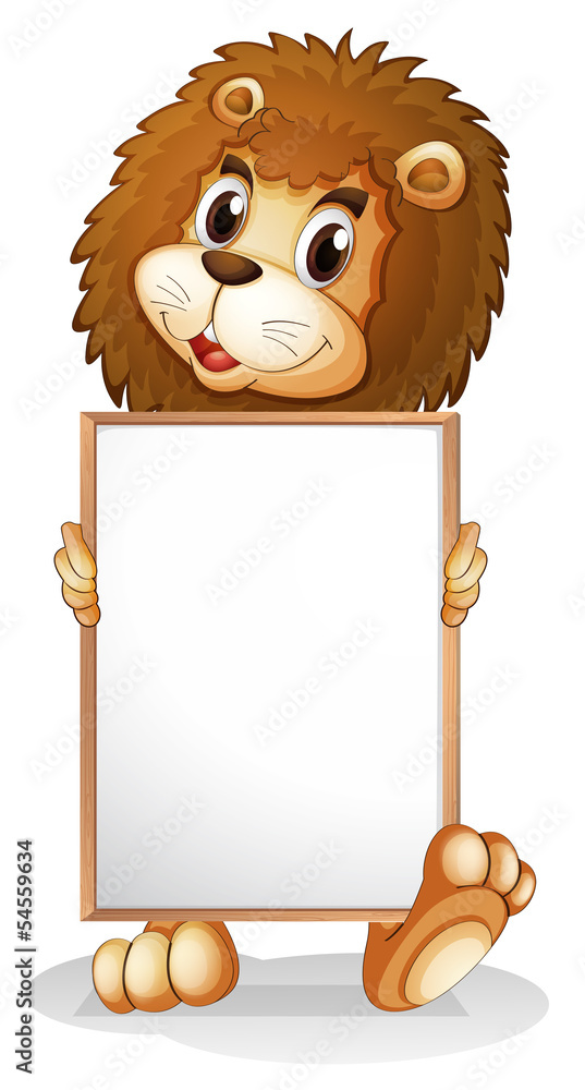 Naklejka premium A lion holding an empty bulletin board