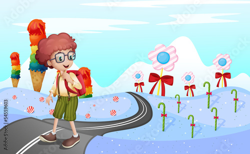 A student walking in the road