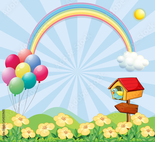 A garden near the hills with balloons, a rainbow and a pet house