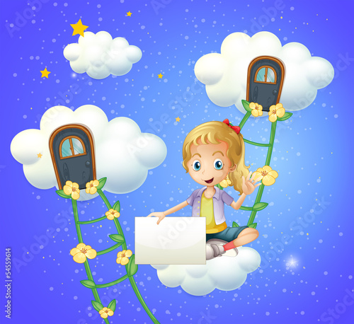 A girl sitting on a cloud holding an empty signage