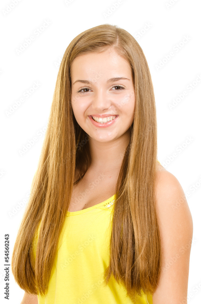 Portrait of pretty, teen girl smiling isolated on white Portrait of pretty, teen girl smiling isolated on white
