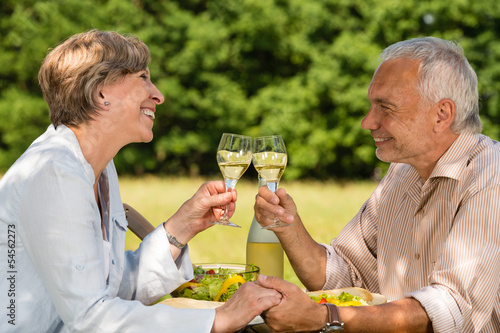 Obraz na płótnie Senior couple drinking wine in the garden w salonie