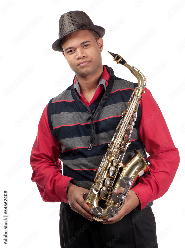 Naklejka premium Portrait of attractive young saxophonist