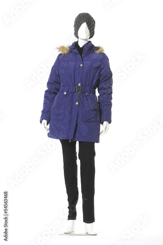 Full length female coat with hat on a mannequin