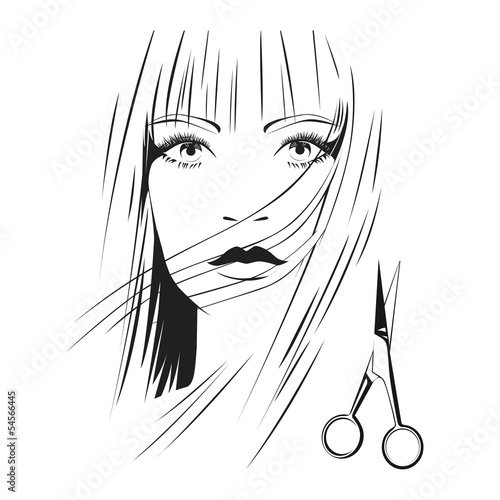 Blond girl with scissors in beauty salon b&w