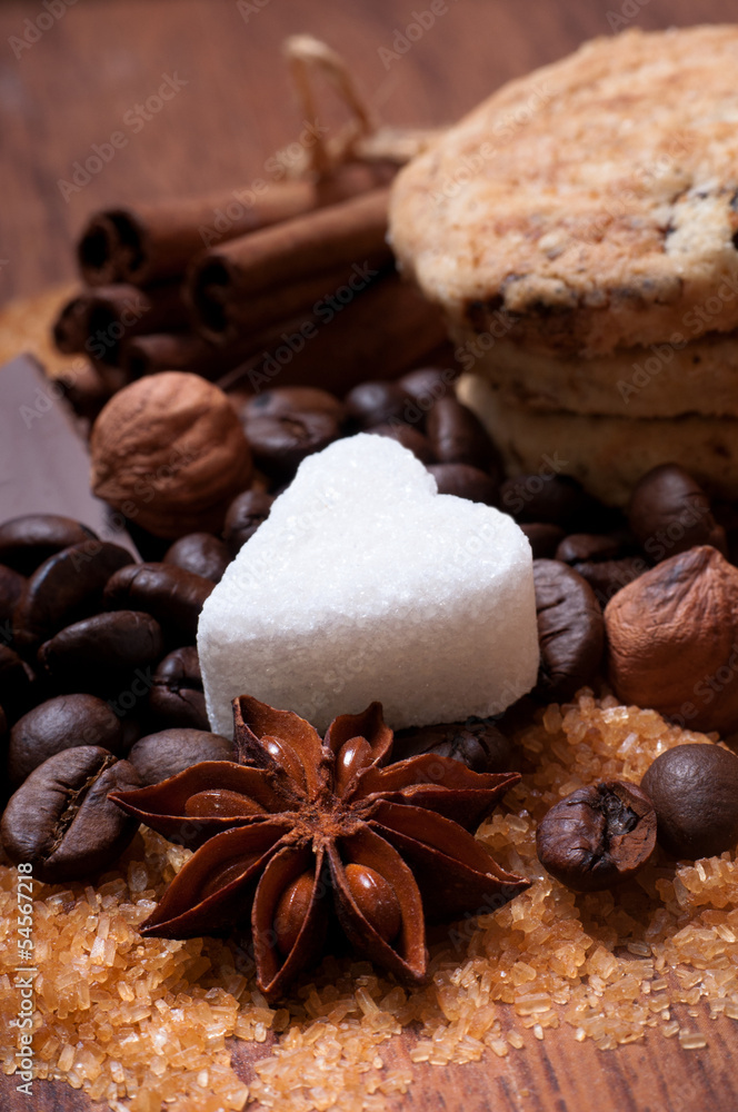 Various kinds of sugar, nuts and coffee beans