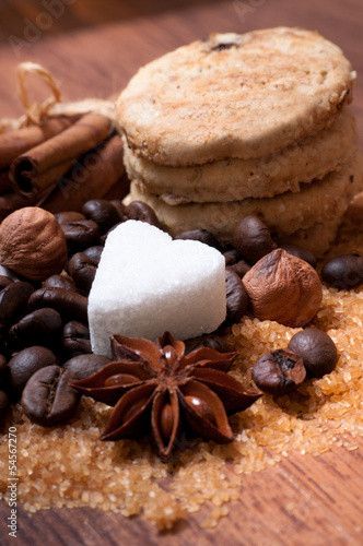 Various kinds of sugar, nuts and coffee beans