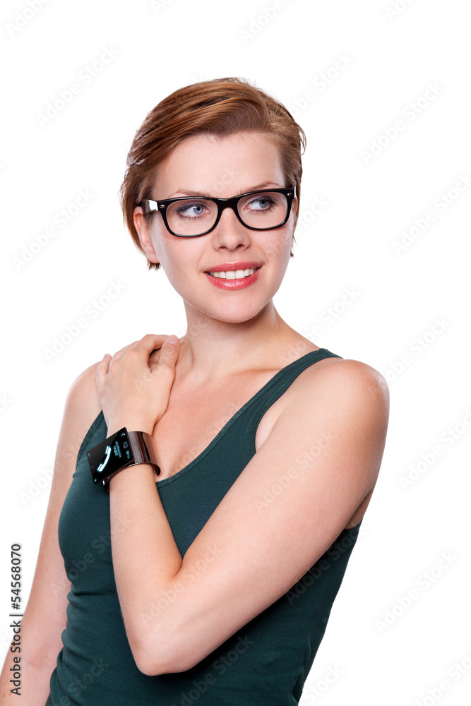 Girl with an Internet Smart Watch isolated on white Girl with an Internet Smart Watch isolated on white