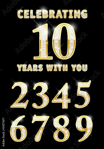 Set of shiny golden numbers with diamonds