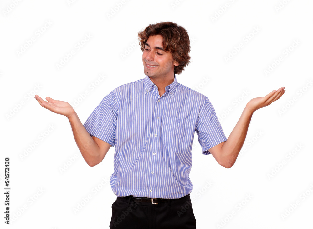 Adult man holding out his palms. Adult man holding out his palms.