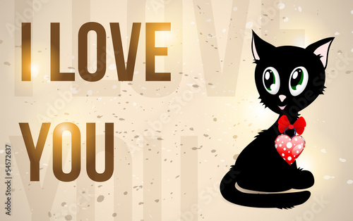 black kitty with red heart and text "I love you"