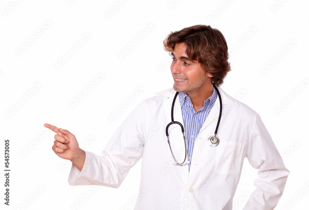 Handsome medical doctor pointing to his right Handsome medical doctor pointing to his right