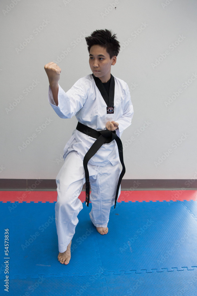 Taekwondo player practices kicking in gym