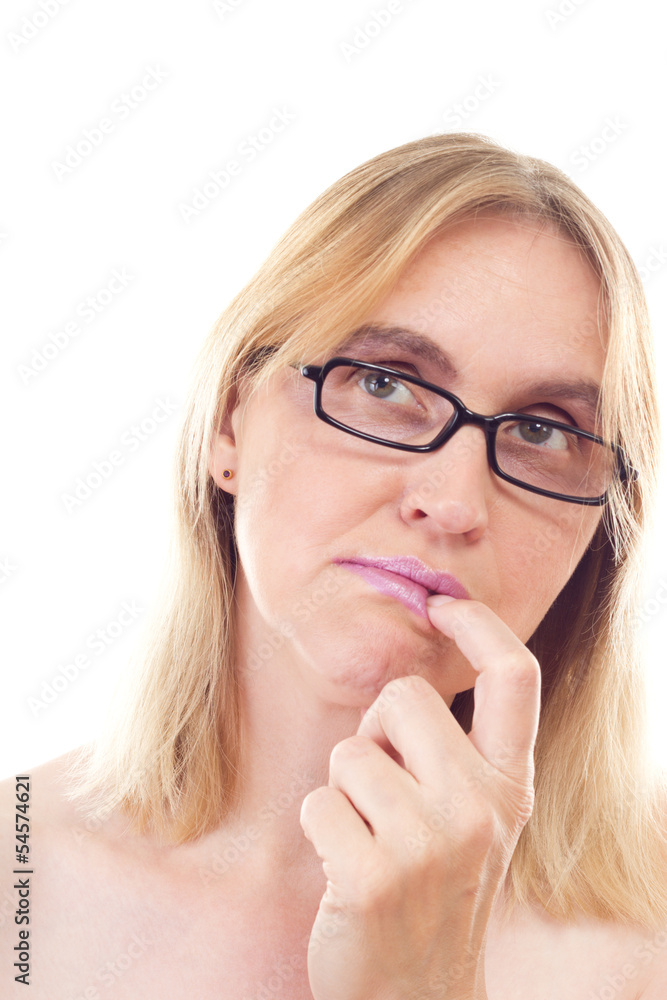 Beautiful mature woman thinking about problem solving Beautiful mature woman thinking about problem solving