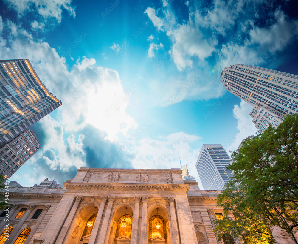 New York Public Library exterior with trees and surrounding buil Stock ...