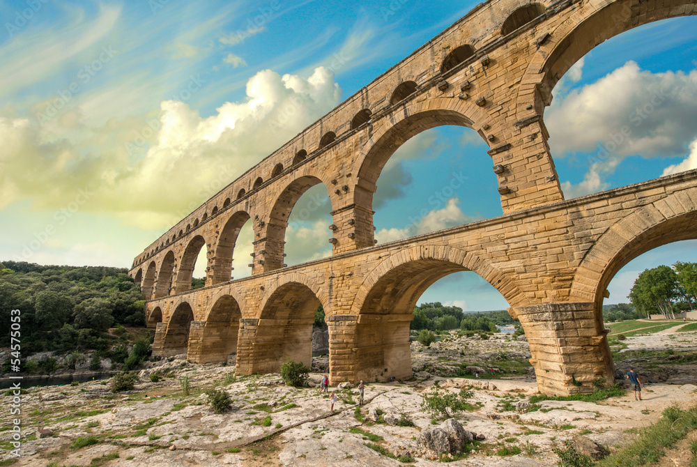 Pont du Gard, Provence - France. Ancient Roman Aqueduct at sunse