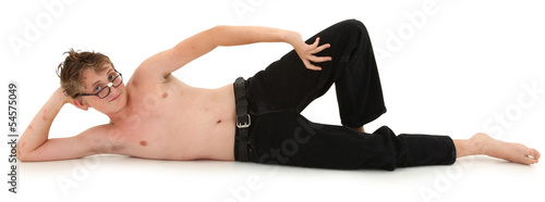 Photography Flirty confident geeky teen boy over white with clipping path.