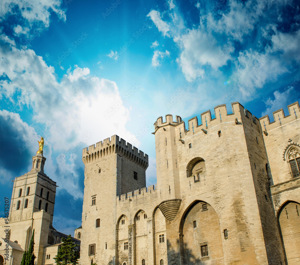 Popes Palace of Avignon, exterior view at sunset - Unesco world
