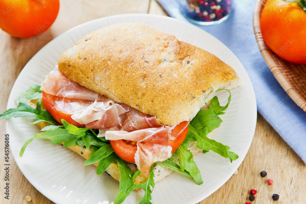 Prosciutto on Olive Ciabatta sandwich Prosciutto on Olive Ciabatta sandwich