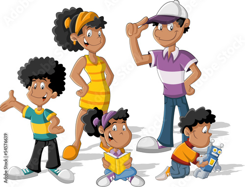 Colorful cute happy cartoon black family