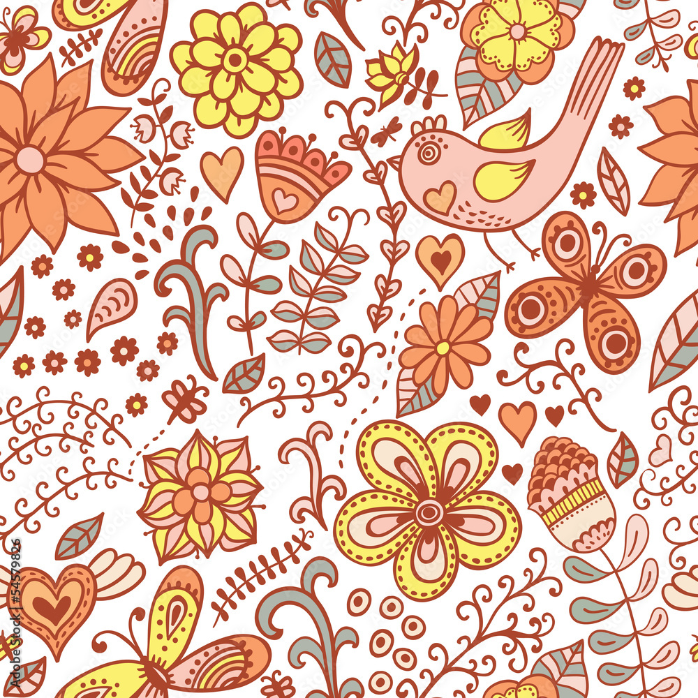 Obraz premium Seamless texture with flowers, birds and butterflies. Seamless p