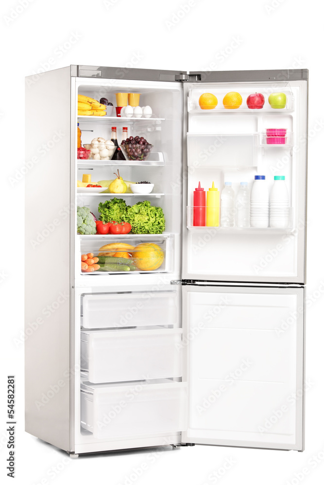 Open fridge full of healthy food products Open fridge full of healthy food products