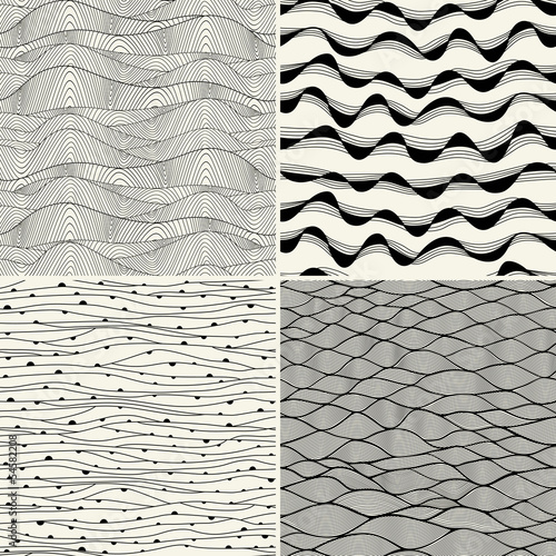 Set of four seamless abstract hand-drawn pattern, waves backgrou