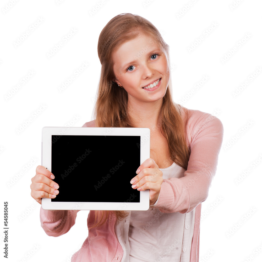 Cute young student girl holding colorful exercise books. Cute young student girl holding colorful exercise books.