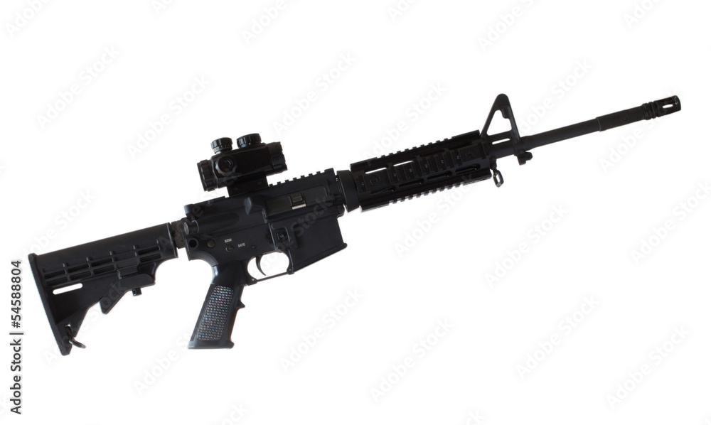 Assault rifle with a red-dot optic on its rail isolated on a white background