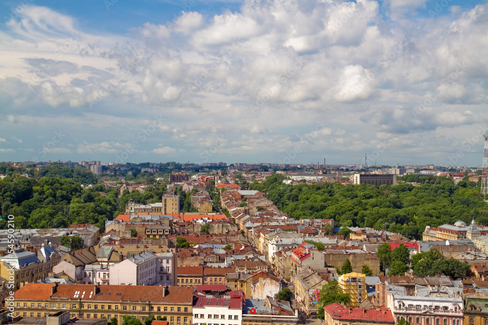 View of the city of Lviv from the roof of the town hall