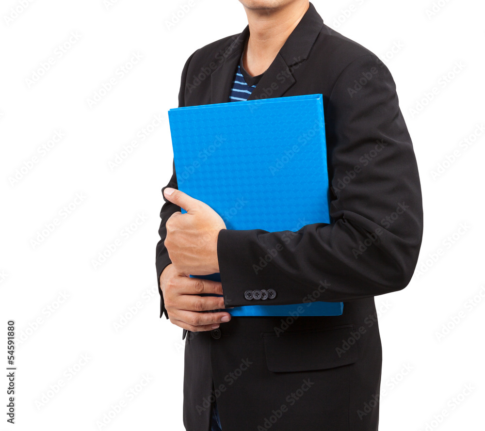 Businessman with blue file isolated on white background Businessman with blue file isolated on white background