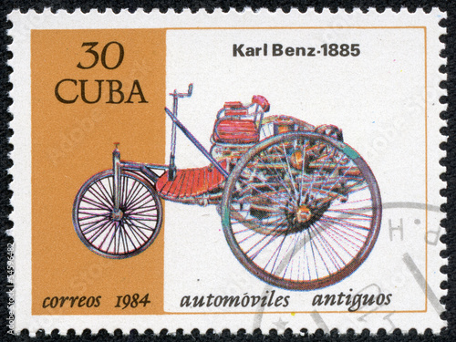 stamp printed in Cuba shows a vintage car Carl Benz from 1885 photo