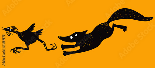 Funny running chicken and fox
