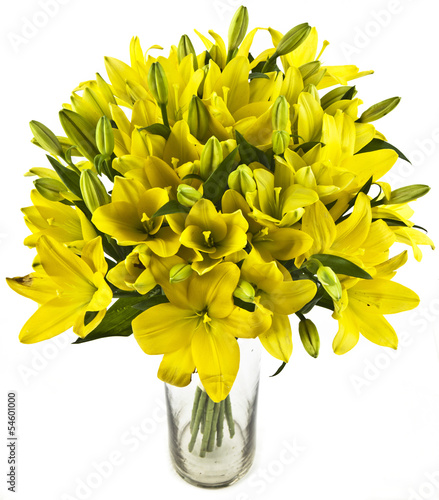 Fototapeta Naklejka Na Ścianę i Meble -  bouquet of yellow lilias in vase on white background