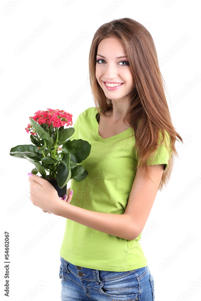 Beautiful girl with flower in pot isolated on white Beautiful girl with flower in pot isolated on white