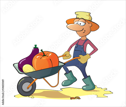 A man carries vegetables in a wheelbarrow