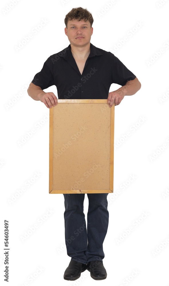 a man with a wooden sign on a white background a man with a wooden sign on a white background
