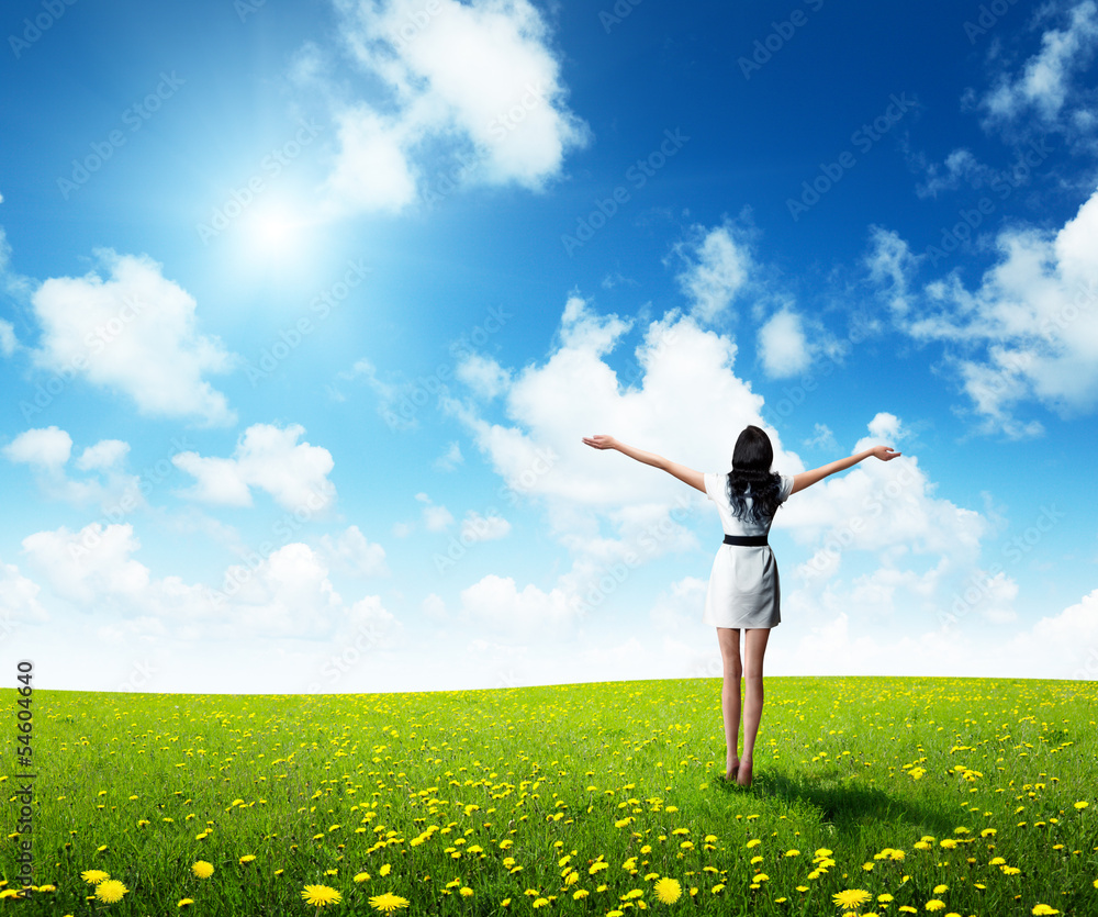 field of grass and happy young woman field of grass and happy young woman