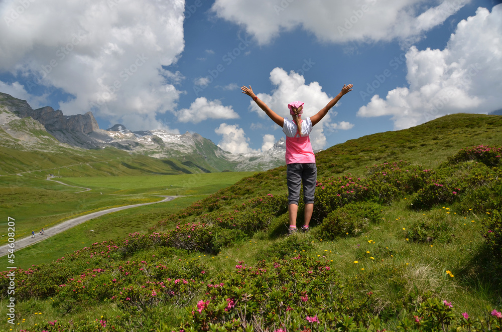 Traveler on the hill. Melchsee-Frutt, Switzerland Traveler on the hill. Melchsee-Frutt, Switzerland