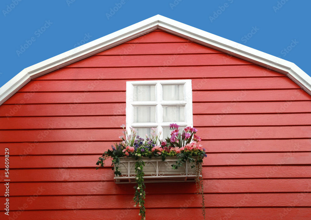 Obraz premium white window with flower on red barn