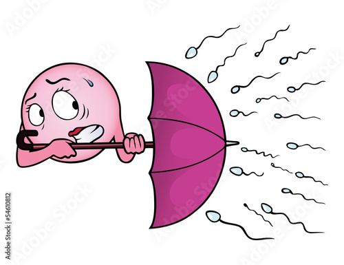 Egg cell holding an umbrella against a rain of sperm.