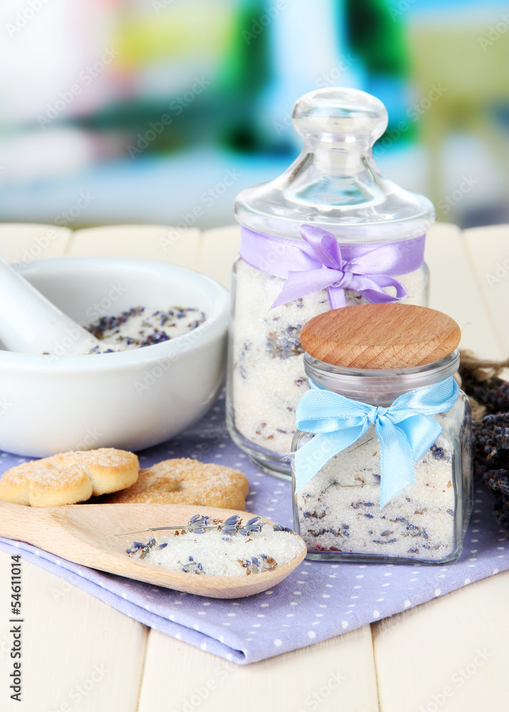 Still life with jar of lavender sugar, mortar and fresh Still life with jar of lavender sugar, mortar and fresh