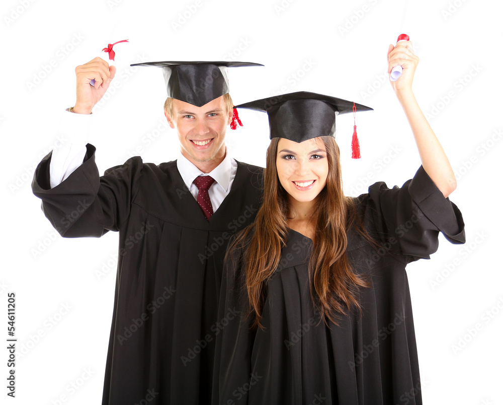 Two happy graduating students isolated on white Two happy graduating students isolated on white