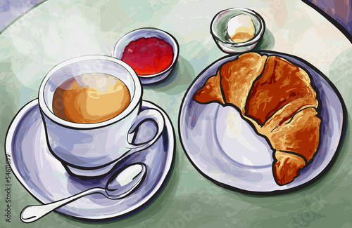 Fresh french breakfast with coffee expresso and croissant in wat